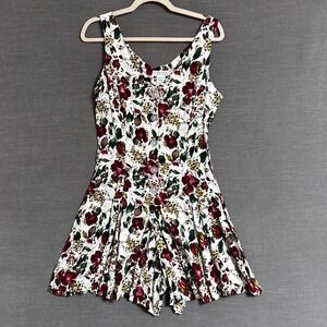 Vintage Express Romper 9/10 Burgundy Floral Pleated 90s Grunge Boho Shorts Prep